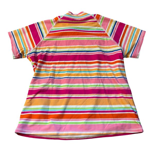 Lands End Girls Striped Short-Sleeve Rash Guard Swim Shirt M 10-12 Polyester UPF - Picture 3 of 3